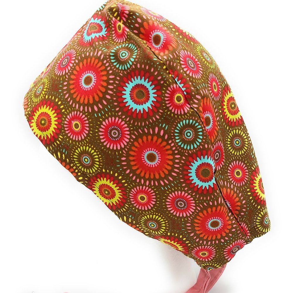 Medallion Circles Chocolate Brown Scrub Cap